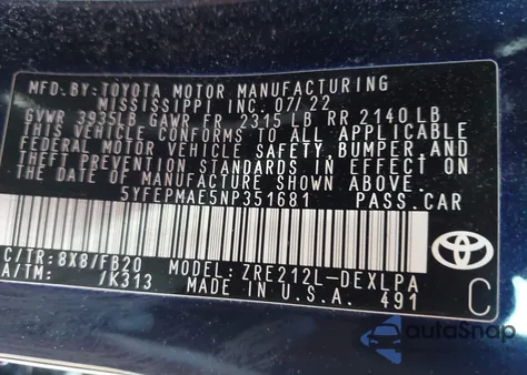 2022 Toyota Corolla Le из США, поврежденный, VIN 5YFEPMAE5NP351681